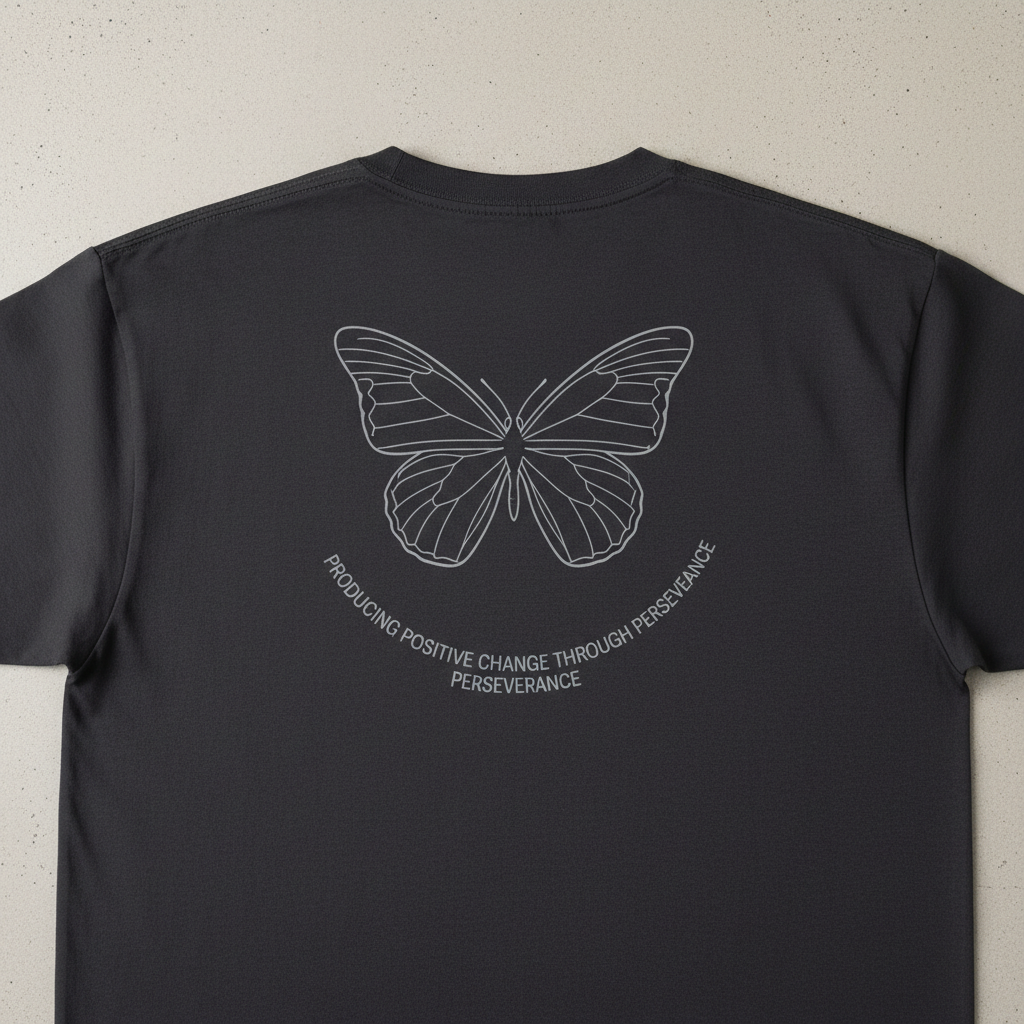 PUSH4PURPOSE t-shirt back with butterfly and producing positive change through perseverance text