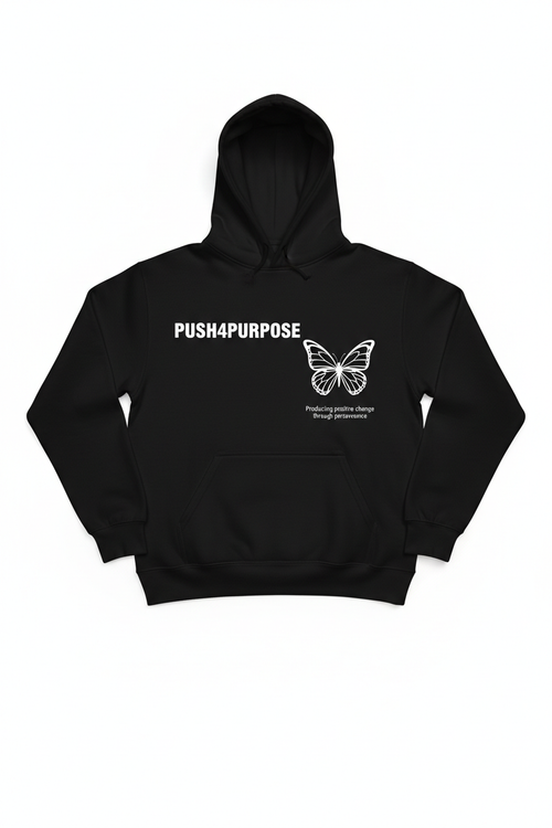 Black PUSH4PURPOSE hoodie with white text on front and white butterfly graphic on back