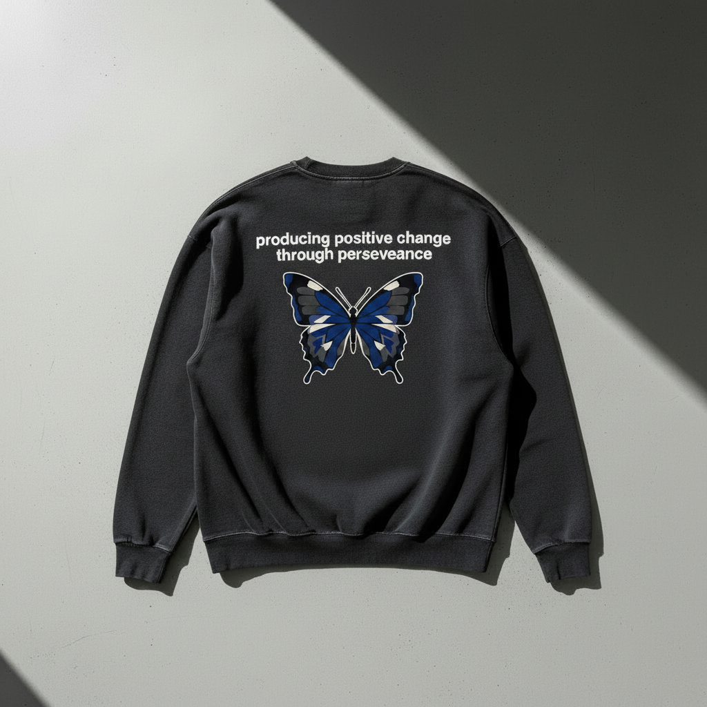 PUSH4PURPOSE sweatshirt back with butterfly and producing positive change through perseverance text