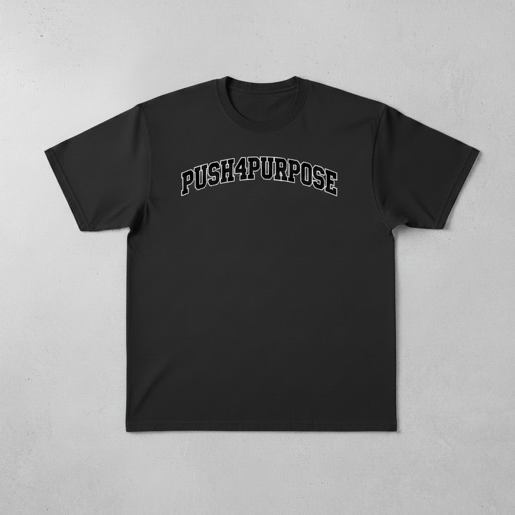PUSH4PURPOSE t-shirt front with centered black and white text