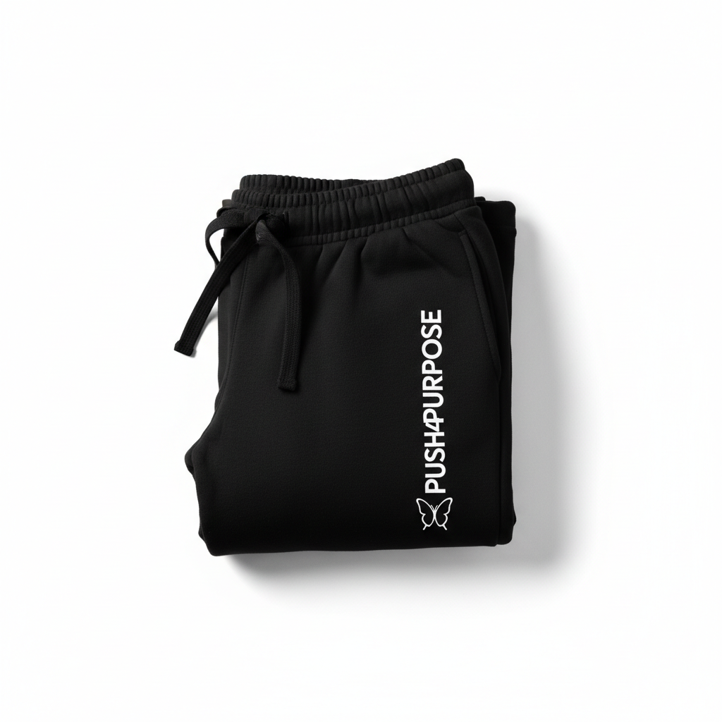 PUSH4PURPOSE branded black sweatpants with butterfly logo