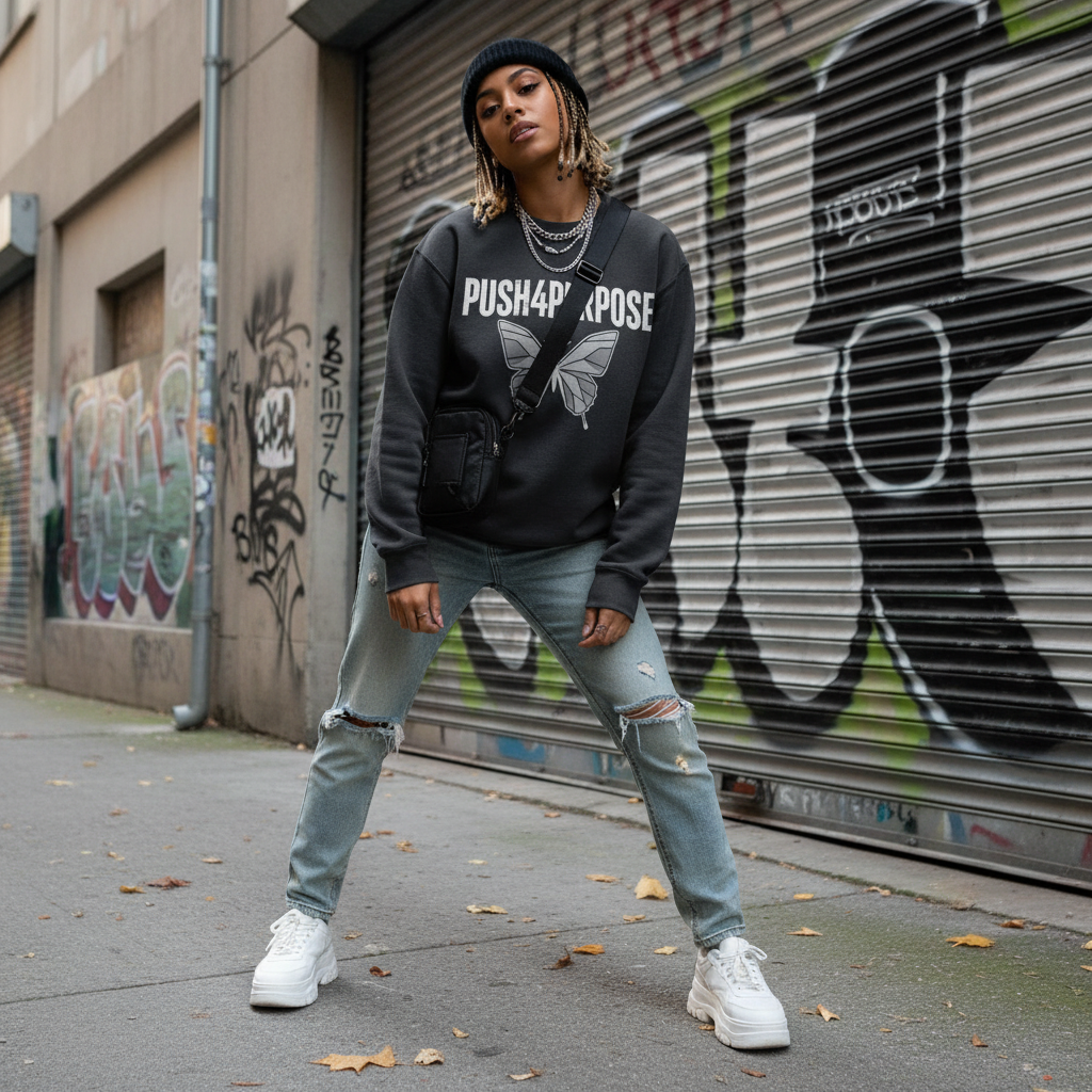 PUSH4PURPOSE sweatshirt front with butterfly logo