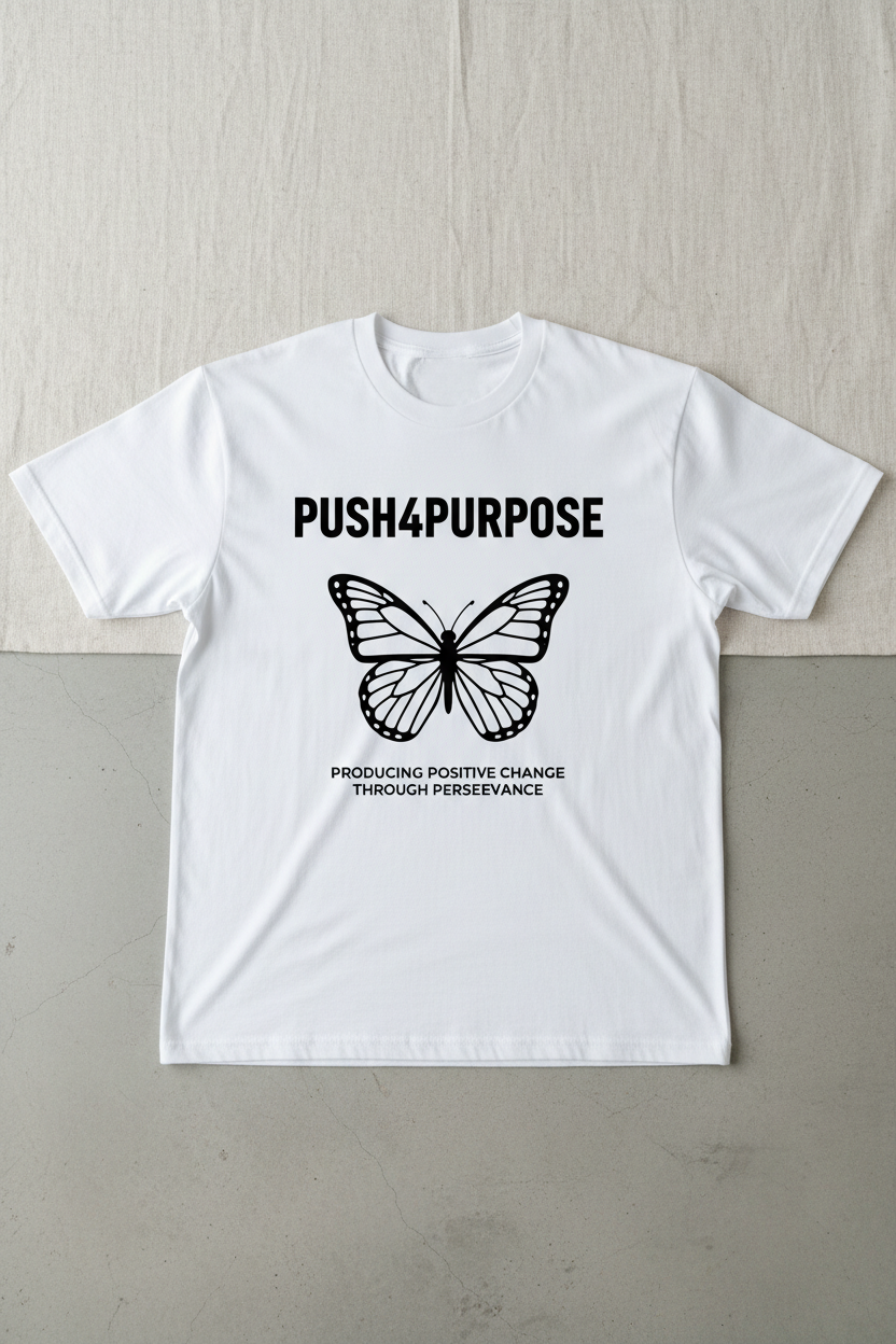 White PUSH4PURPOSE t-shirt with black text on front and black butterfly graphic on back